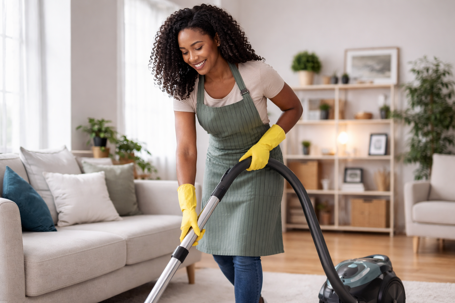 lady cleaning living room